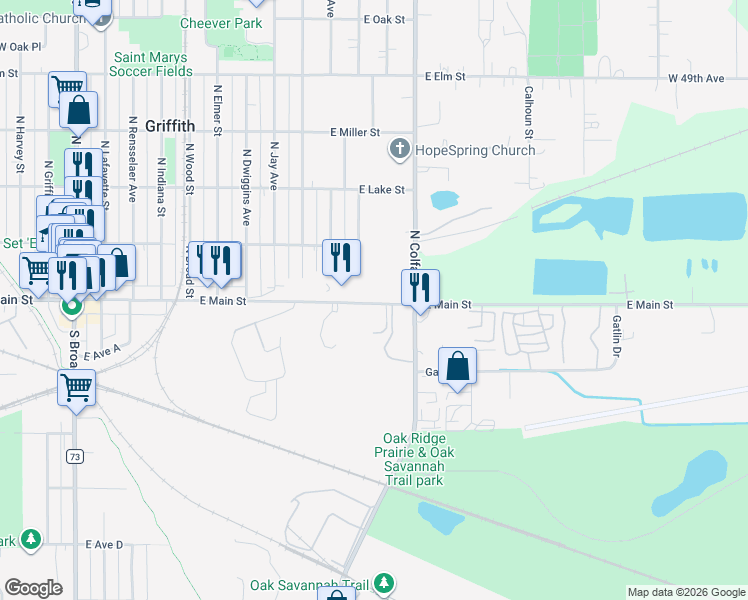 map of restaurants, bars, coffee shops, grocery stores, and more near 1112 East Main Street in Griffith
