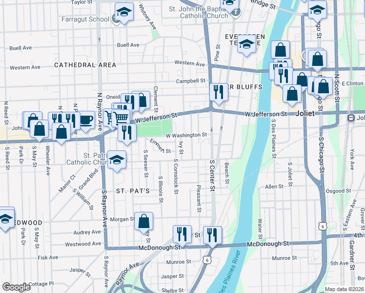 map of restaurants, bars, coffee shops, grocery stores, and more near 16 Ivy Street in Joliet
