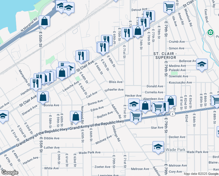map of restaurants, bars, coffee shops, grocery stores, and more near 6523 Schaefer Avenue in Cleveland
