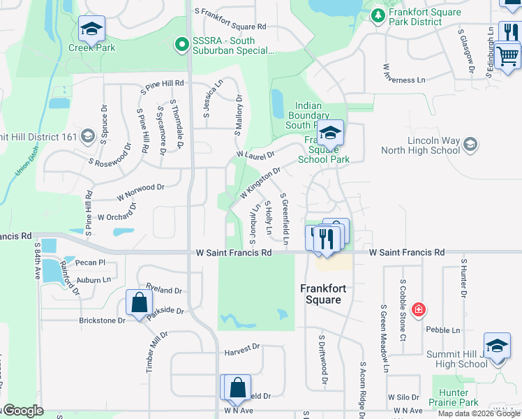 map of restaurants, bars, coffee shops, grocery stores, and more near 20163 South Jonquil Lane in Frankfort