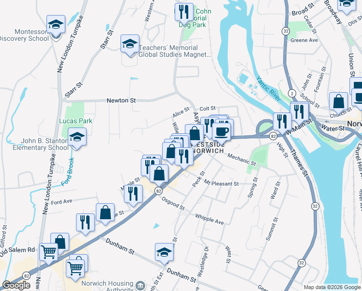 map of restaurants, bars, coffee shops, grocery stores, and more near 71 Maple Street in Norwich