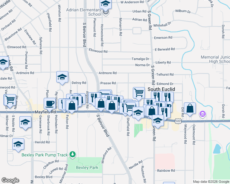 map of restaurants, bars, coffee shops, grocery stores, and more near 1354 Francis Court in South Euclid