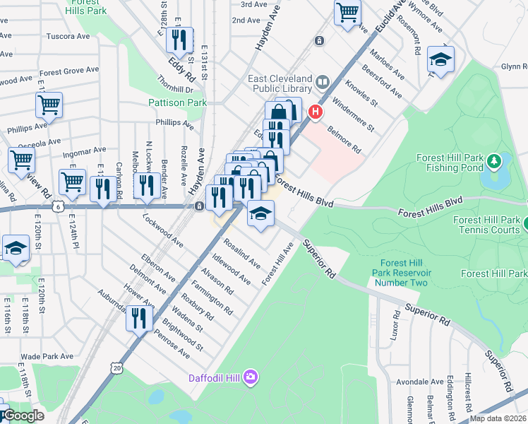 map of restaurants, bars, coffee shops, grocery stores, and more near 13534 Euclid Avenue in East Cleveland