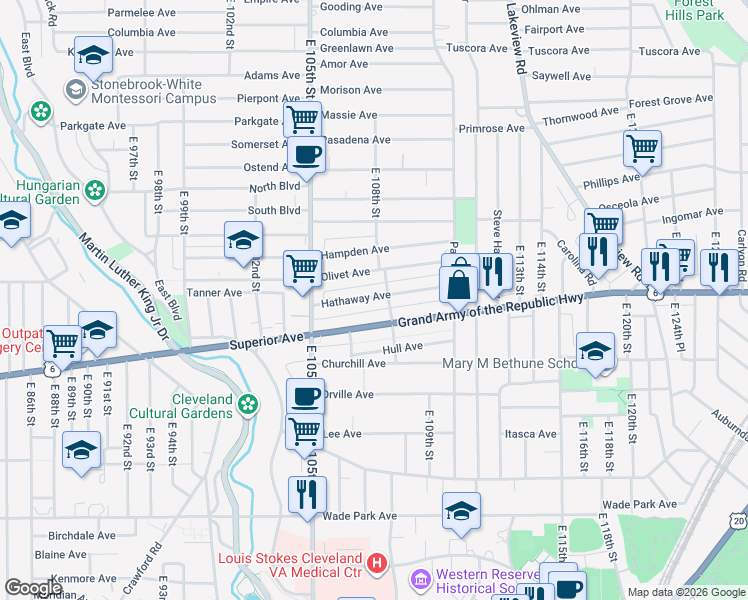 map of restaurants, bars, coffee shops, grocery stores, and more near 10625 Hathaway Avenue in Cleveland