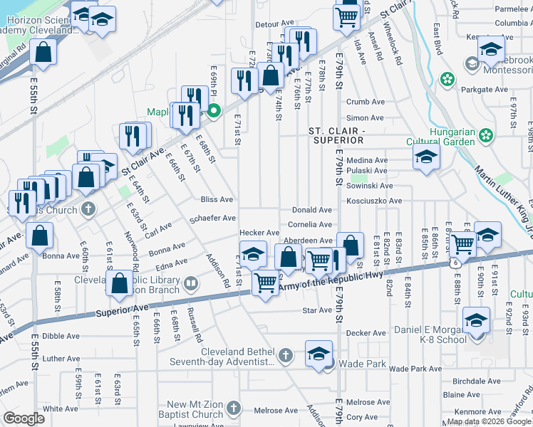 map of restaurants, bars, coffee shops, grocery stores, and more near 7306 Donald Avenue in Cleveland