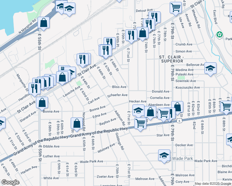 map of restaurants, bars, coffee shops, grocery stores, and more near 6523 Schaefer Avenue in Cleveland