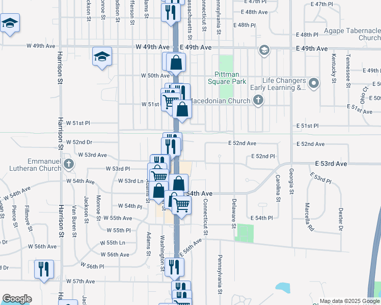 map of restaurants, bars, coffee shops, grocery stores, and more near 102 East 53rd Avenue in Merrillville