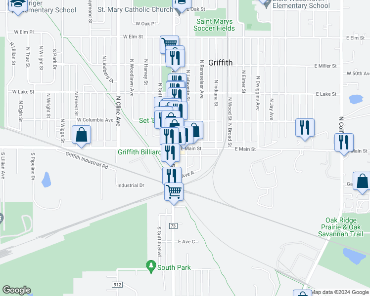 map of restaurants, bars, coffee shops, grocery stores, and more near 206 Main St in Griffith