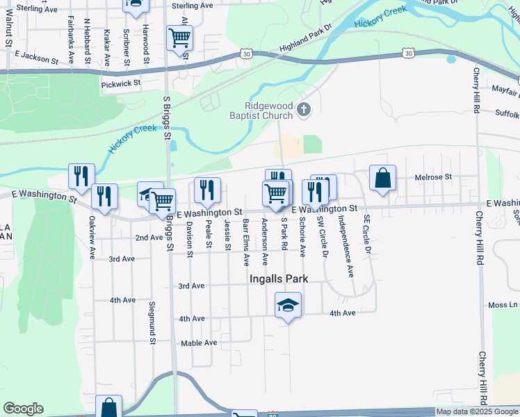 map of restaurants, bars, coffee shops, grocery stores, and more near 1805 East Washington Street in Joliet