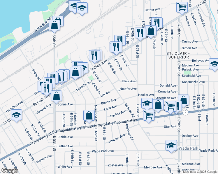 map of restaurants, bars, coffee shops, grocery stores, and more near 1116 Addison Road in Cleveland