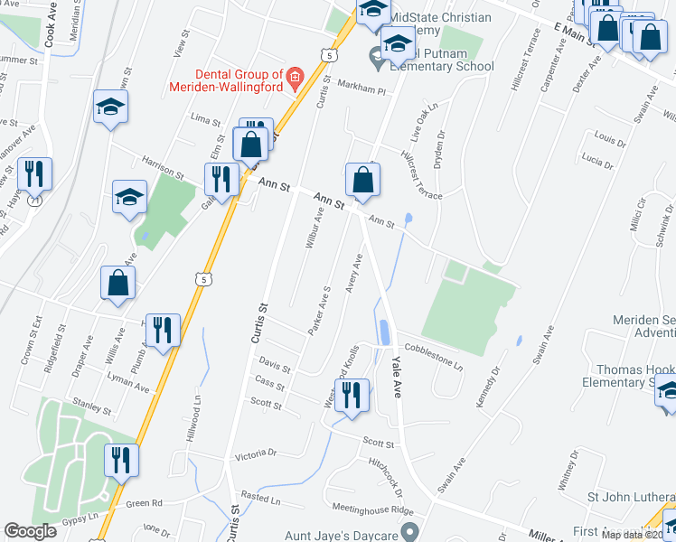 map of restaurants, bars, coffee shops, grocery stores, and more near 396 Parker Avenue South in Meriden