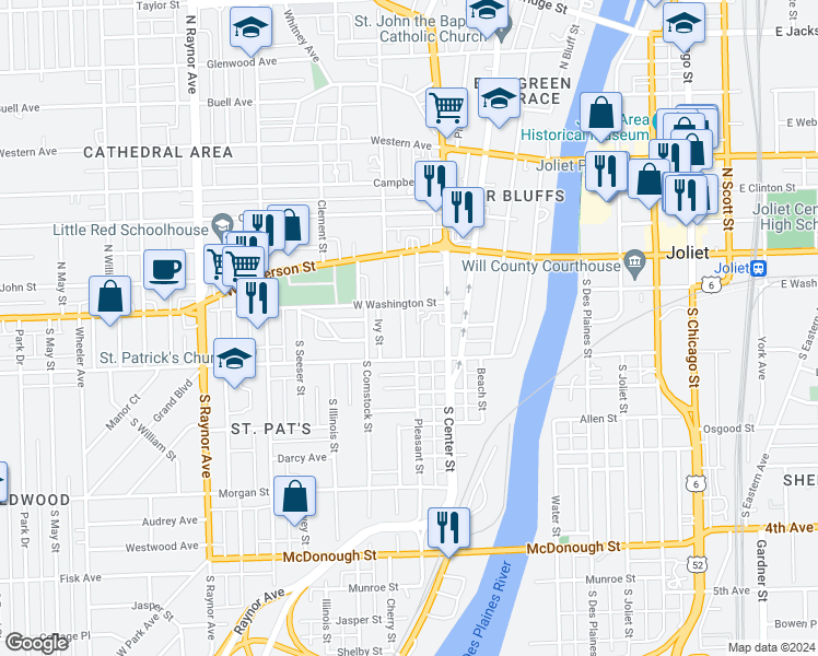map of restaurants, bars, coffee shops, grocery stores, and more near 10 South Cagwin Avenue in Joliet