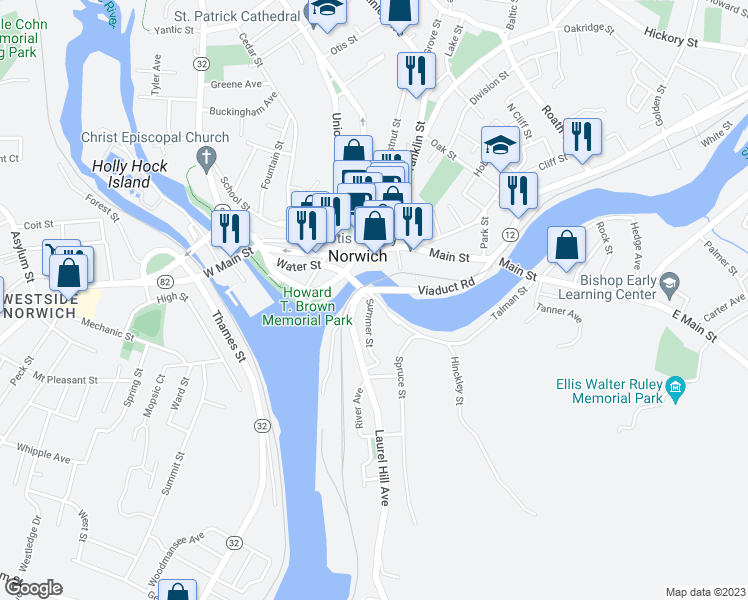map of restaurants, bars, coffee shops, grocery stores, and more near 12 Summer Street in Norwich