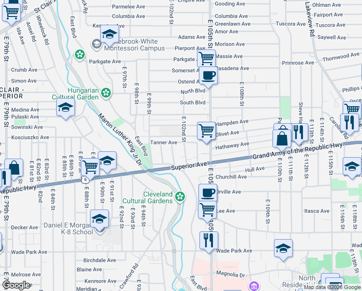 map of restaurants, bars, coffee shops, grocery stores, and more near 1242 East 102nd Street in Cleveland