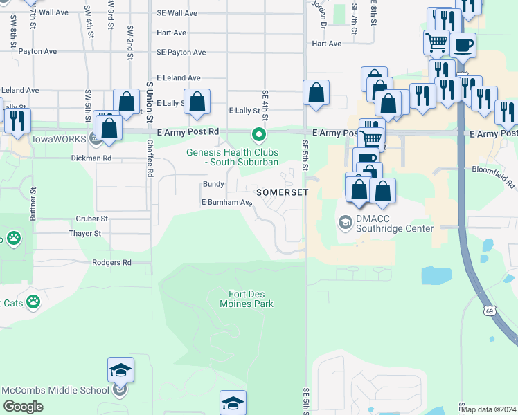 map of restaurants, bars, coffee shops, grocery stores, and more near 336 East Burnham Avenue in Des Moines