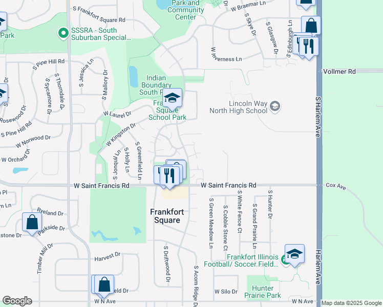 map of restaurants, bars, coffee shops, grocery stores, and more near 20164 South Frankfort Square Road in Frankfort