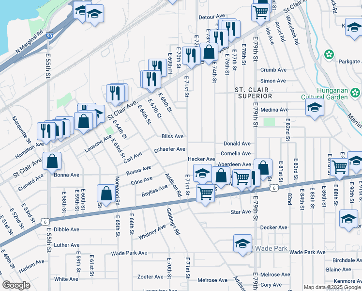 map of restaurants, bars, coffee shops, grocery stores, and more near 6707 Schaefer Avenue in Cleveland