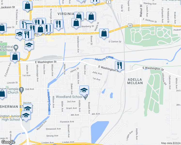 map of restaurants, bars, coffee shops, grocery stores, and more near 115 Arizona Avenue in Joliet