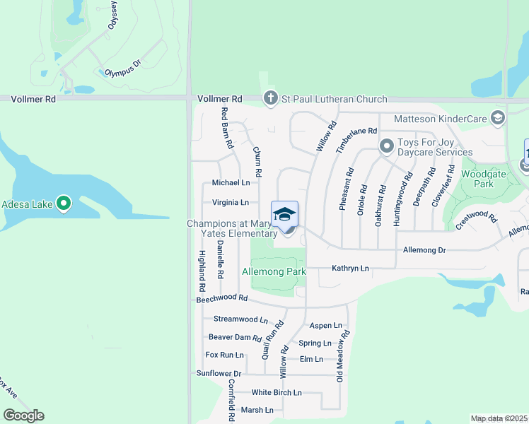 map of restaurants, bars, coffee shops, grocery stores, and more near 257 Churn Road in Matteson