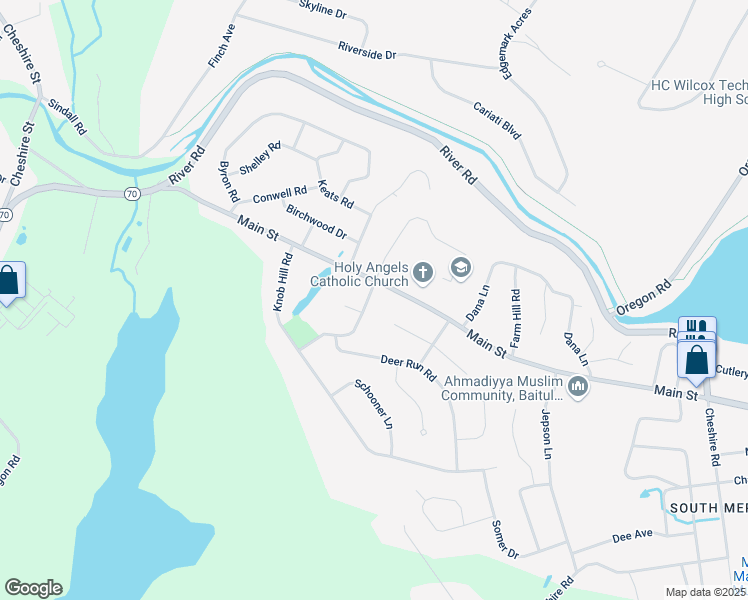 map of restaurants, bars, coffee shops, grocery stores, and more near 18 Racebrook Road in Meriden