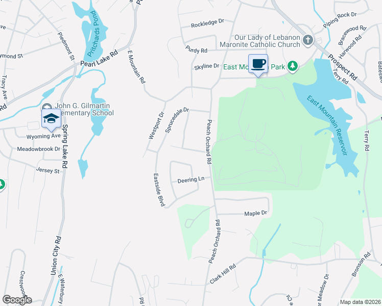 map of restaurants, bars, coffee shops, grocery stores, and more near 39 Brackenridge Drive in Waterbury