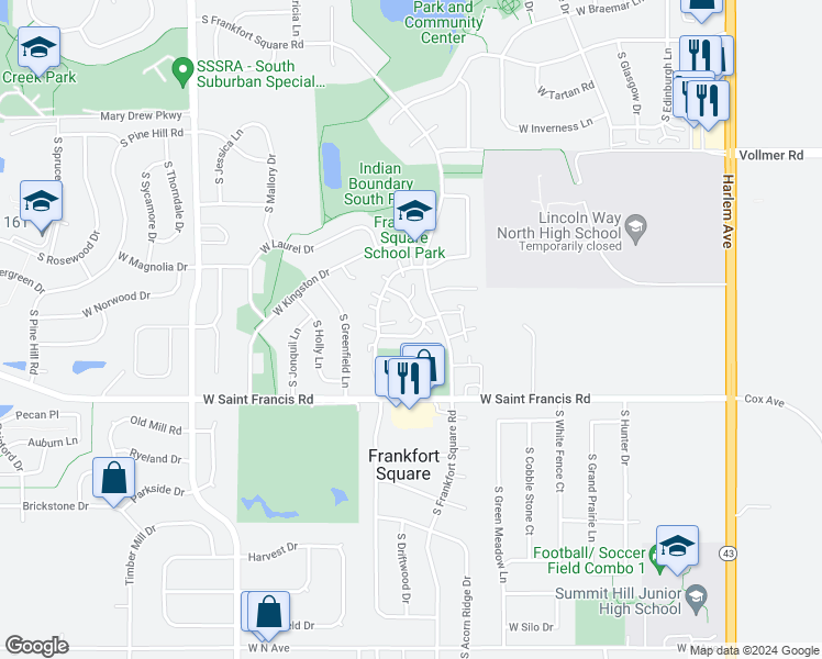 map of restaurants, bars, coffee shops, grocery stores, and more near 7710 West Grovewood Lane in Frankfort
