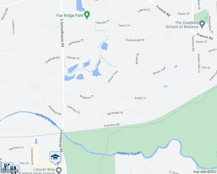 map of restaurants, bars, coffee shops, grocery stores, and more near 20117 Alison Trail in Mokena
