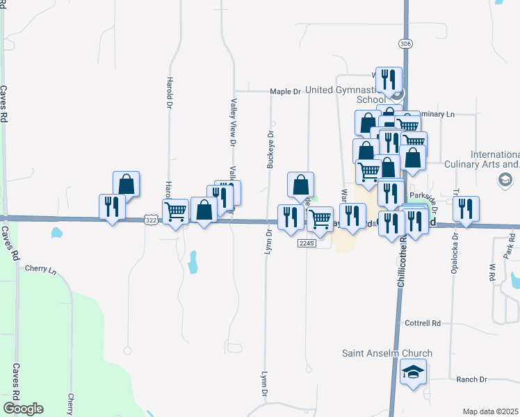 map of restaurants, bars, coffee shops, grocery stores, and more near 8254 Mayfield Road in Chesterland