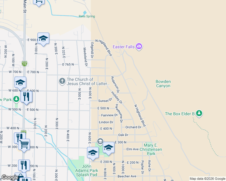 map of restaurants, bars, coffee shops, grocery stores, and more near 631 Wade Place in Brigham City