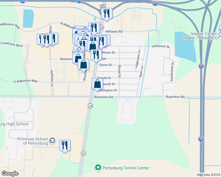 map of restaurants, bars, coffee shops, grocery stores, and more near 12472 Washington Street in Perrysburg