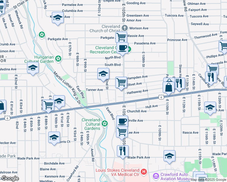 map of restaurants, bars, coffee shops, grocery stores, and more near 1241 East 103rd Street in Cleveland