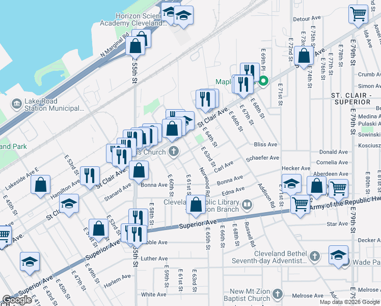 map of restaurants, bars, coffee shops, grocery stores, and more near 6202 Saint Clair Avenue in Cleveland