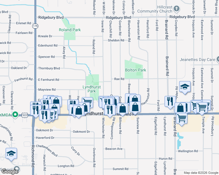 map of restaurants, bars, coffee shops, grocery stores, and more near 1364 Churchill Road in Lyndhurst