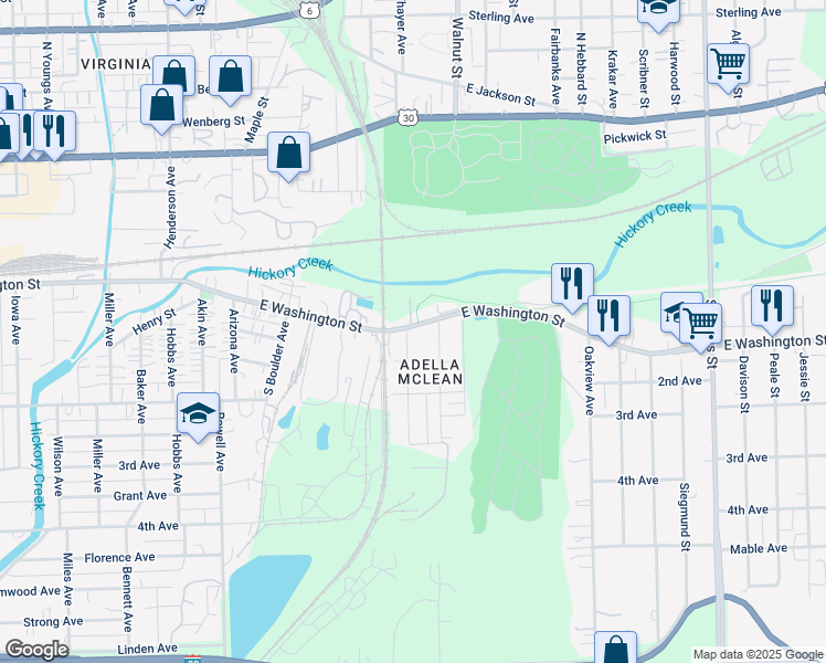 map of restaurants, bars, coffee shops, grocery stores, and more near 1100 East Washington Street in Joliet