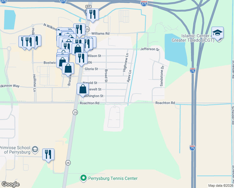 map of restaurants, bars, coffee shops, grocery stores, and more near 12326 Washington Street in Perrysburg