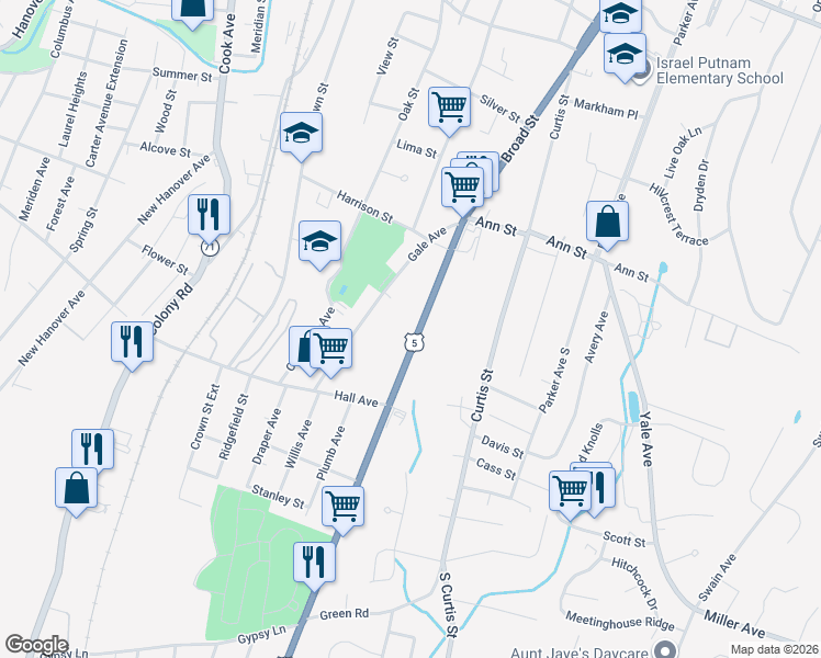 map of restaurants, bars, coffee shops, grocery stores, and more near 46 U.S. 5 in Meriden