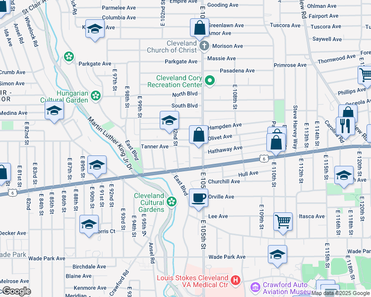 map of restaurants, bars, coffee shops, grocery stores, and more near 1241 East 103rd Street in Cleveland