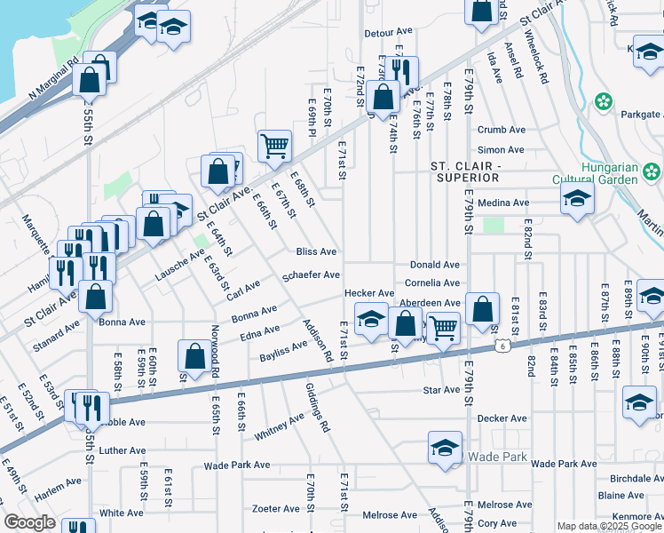 map of restaurants, bars, coffee shops, grocery stores, and more near 6707 Schaefer Avenue in Cleveland