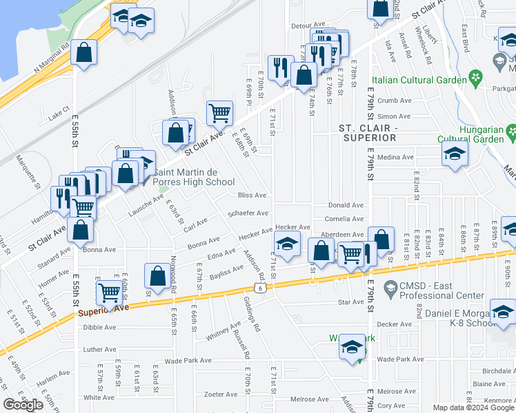 map of restaurants, bars, coffee shops, grocery stores, and more near 6707 Schaefer Avenue in Cleveland