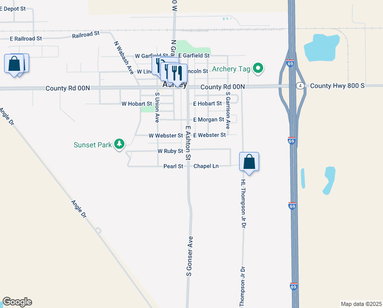 map of restaurants, bars, coffee shops, grocery stores, and more near 501 South Gonser Avenue in Ashley