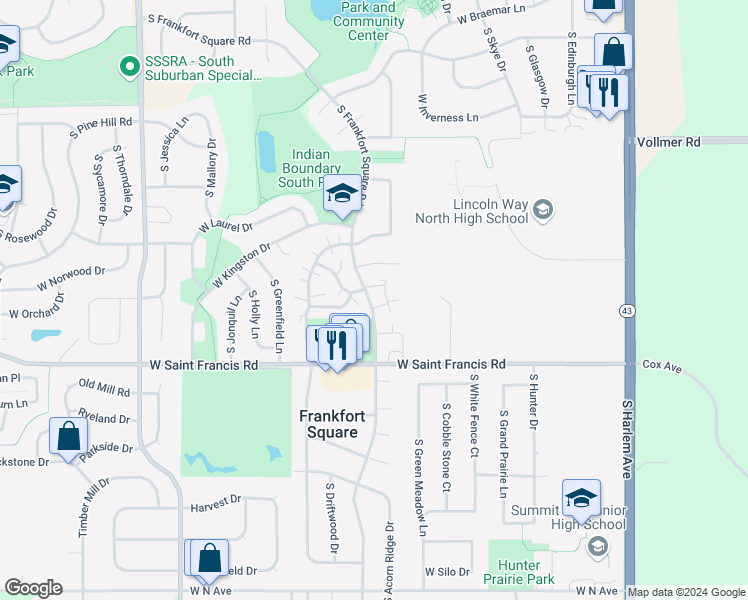 map of restaurants, bars, coffee shops, grocery stores, and more near 20164 South Frankfort Square Road in Frankfort
