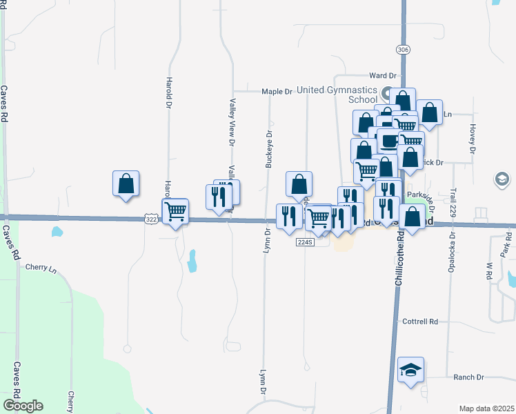 map of restaurants, bars, coffee shops, grocery stores, and more near 8254 Mayfield Road in Chesterland