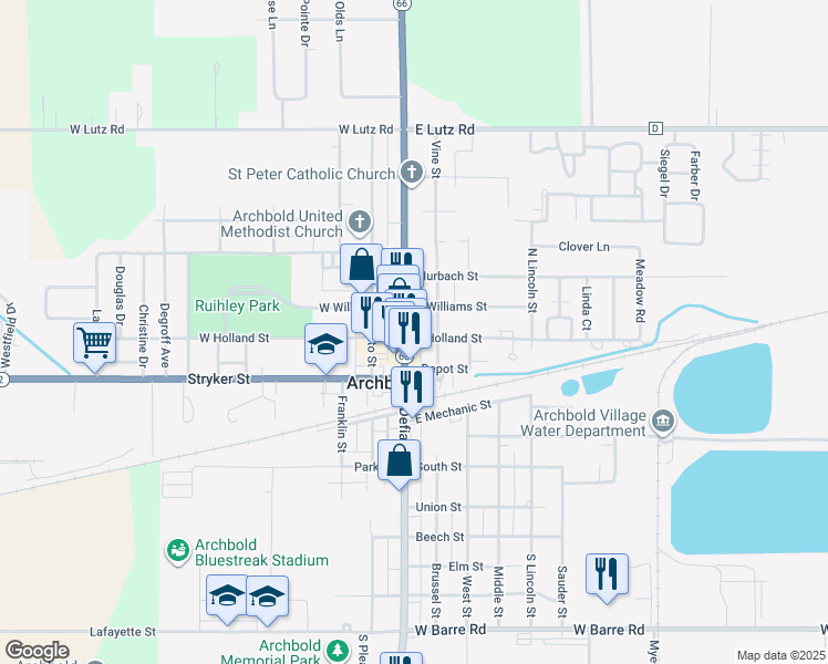 map of restaurants, bars, coffee shops, grocery stores, and more near 300 North Defiance Street in Archbold