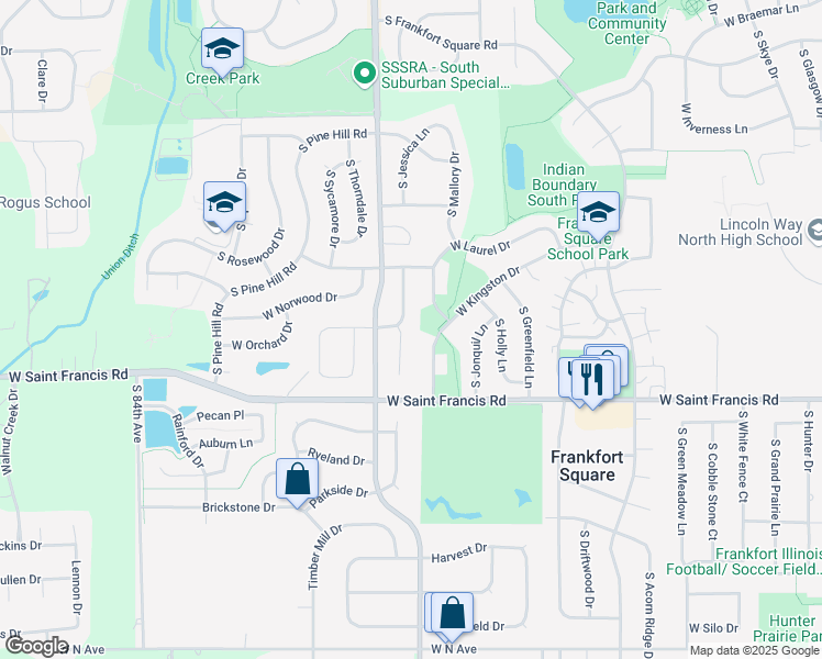 map of restaurants, bars, coffee shops, grocery stores, and more near 20157 South Mary Therese Lane in Frankfort