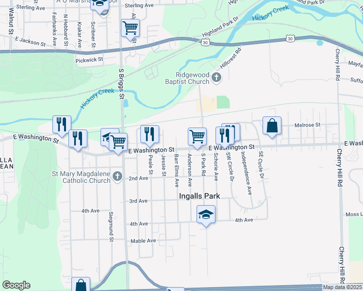 map of restaurants, bars, coffee shops, grocery stores, and more near 1805 East Washington Street in Joliet