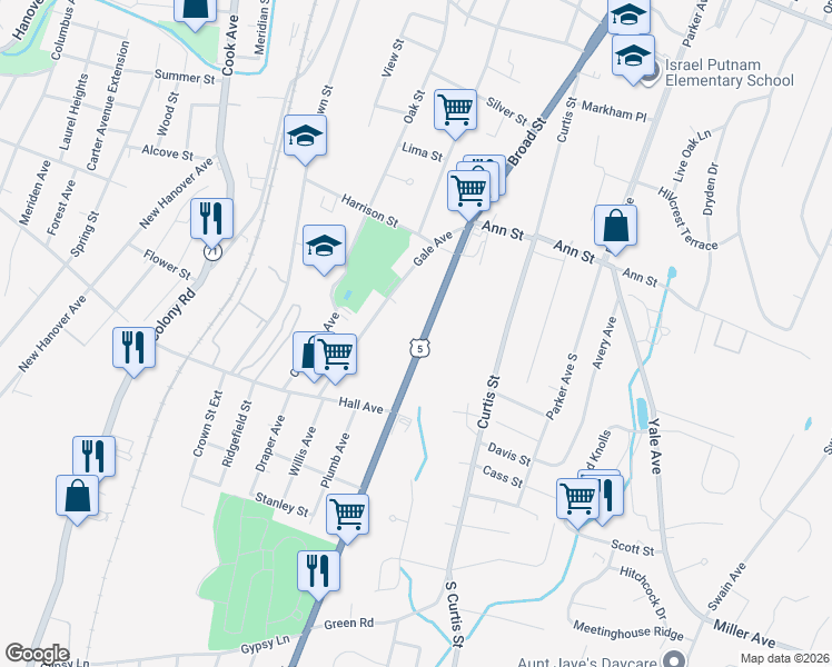 map of restaurants, bars, coffee shops, grocery stores, and more near 46 U.S. 5 in Meriden
