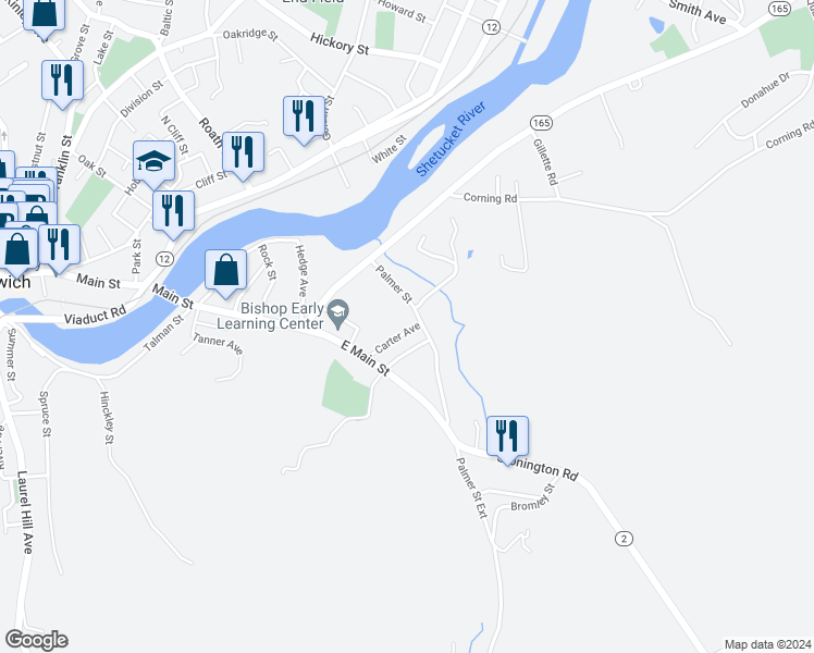 map of restaurants, bars, coffee shops, grocery stores, and more near 32 Carter Avenue in Norwich
