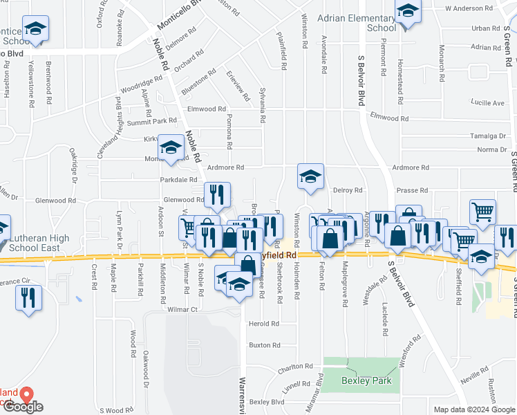 map of restaurants, bars, coffee shops, grocery stores, and more near 1361 Brookline Road in South Euclid