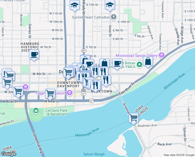 map of restaurants, bars, coffee shops, grocery stores, and more near 200E East 3rd Street in Davenport