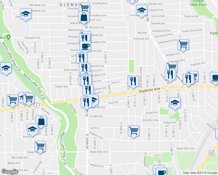 map of restaurants, bars, coffee shops, grocery stores, and more near 1265 East 108th Street in Cleveland